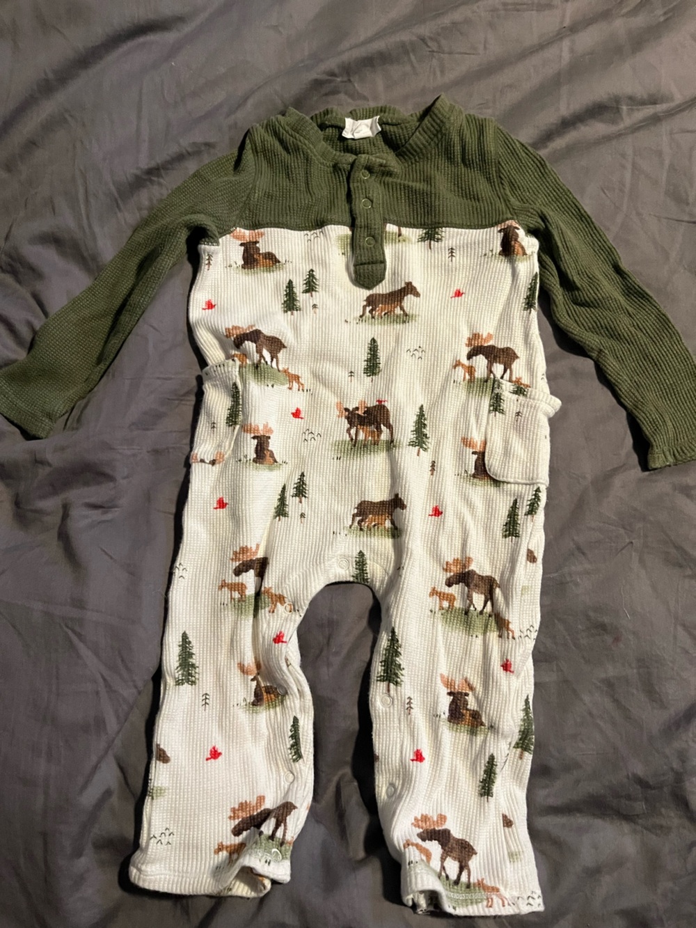 Angel Dear Green & White Moose Print Thermal Romper